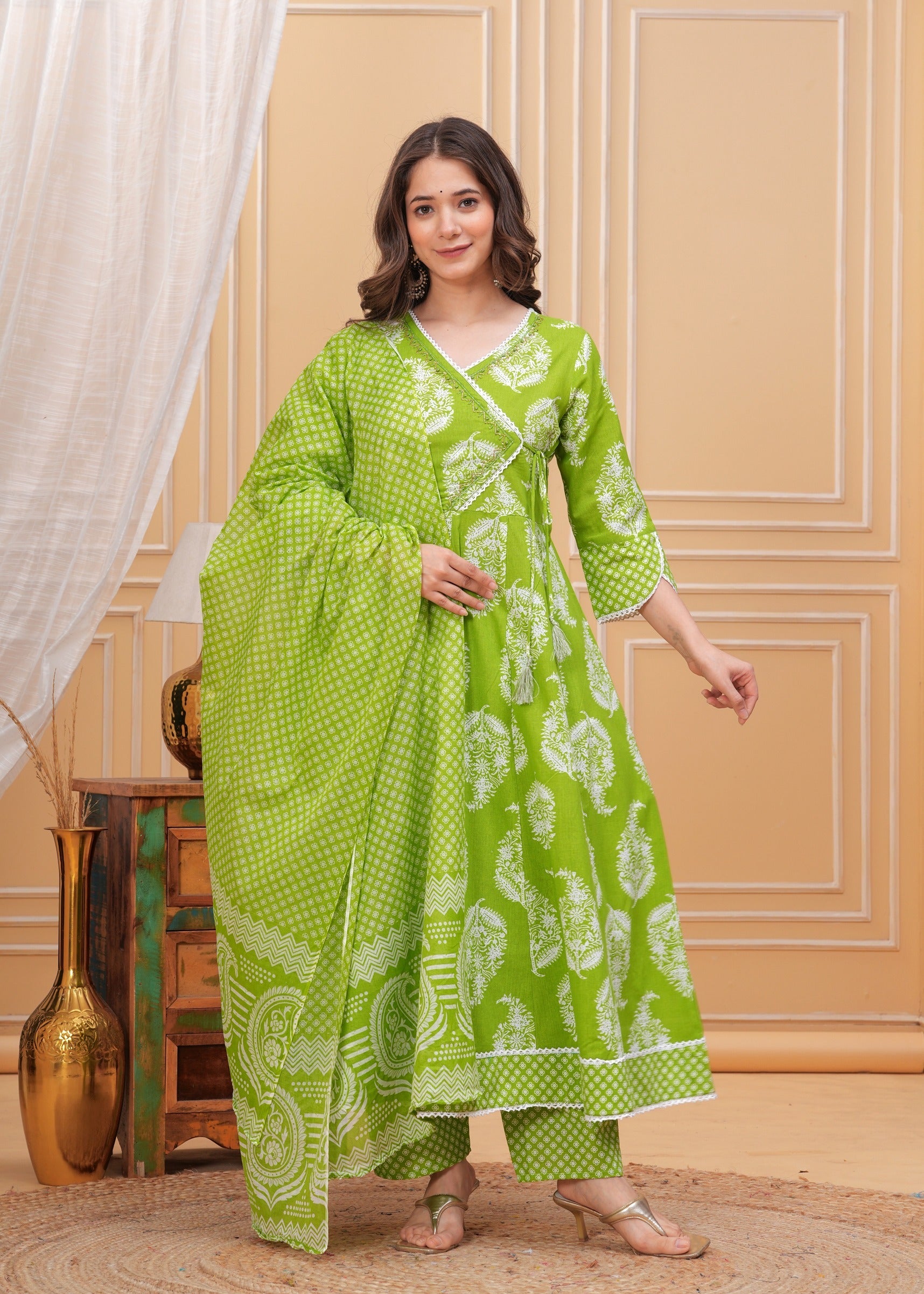 Green Anarkali Pure Cotton Kurta with Trousers & with Dupatta (Buy 1 Get 1 Free )
