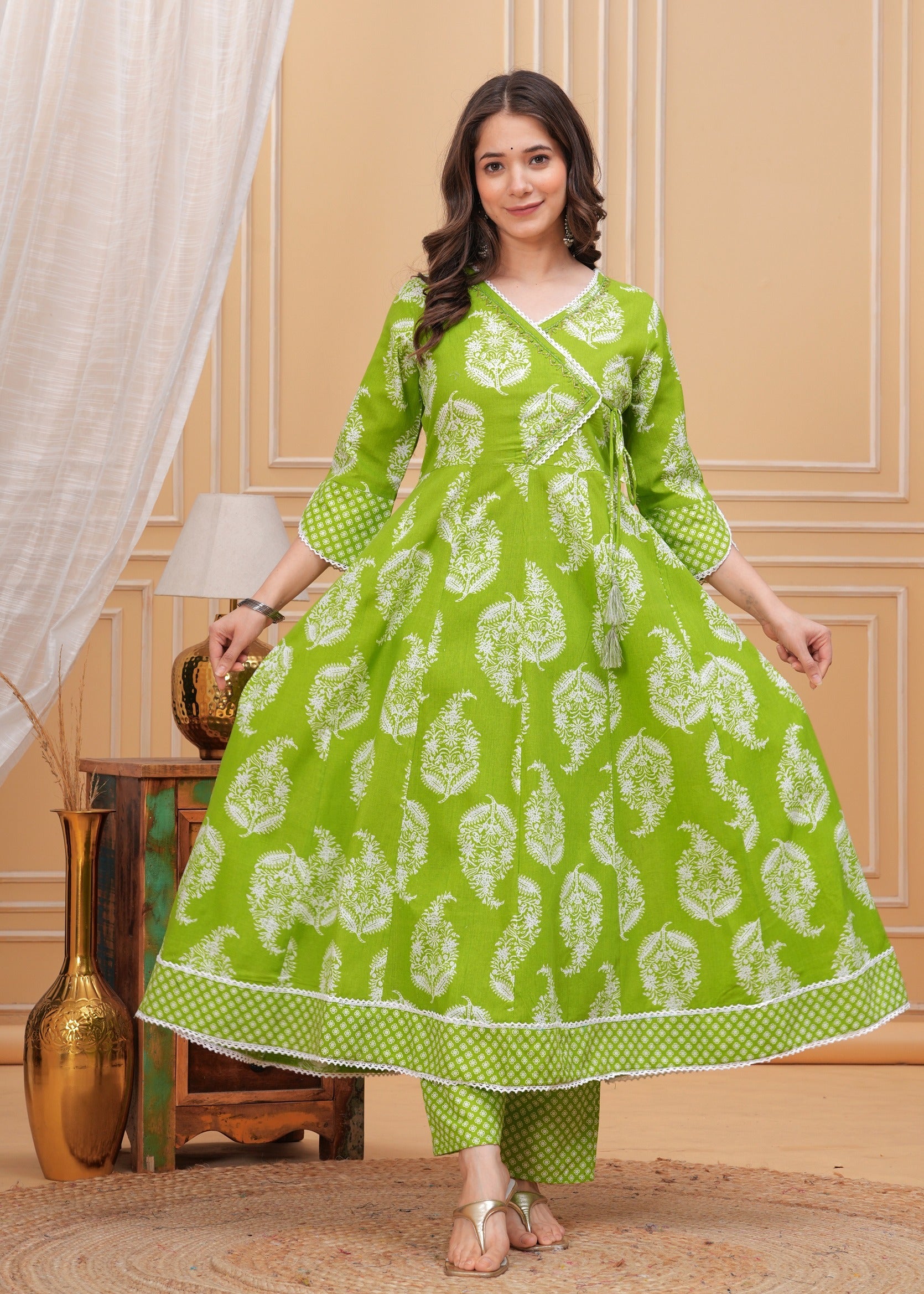 Green Anarkali Pure Cotton Kurta with Trousers & with Dupatta (Buy 1 Get 1 Free )
