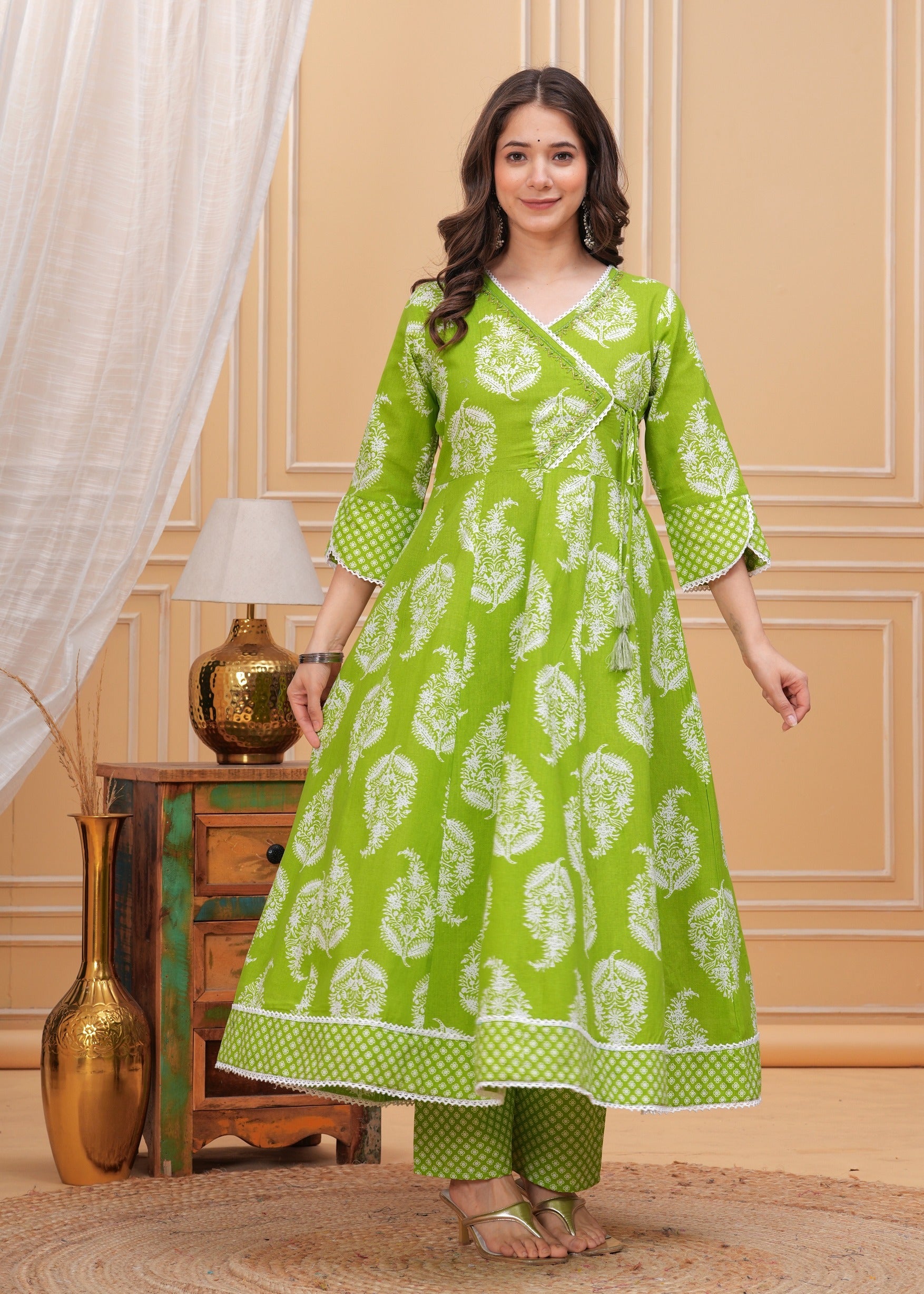 Green Anarkali Pure Cotton Kurta with Trousers & with Dupatta (Buy 1 Get 1 Free )