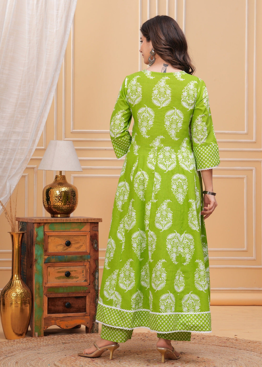 Green Anarkali Pure Cotton Kurta with Trousers & with Dupatta (Buy 1 Get 1 Free )