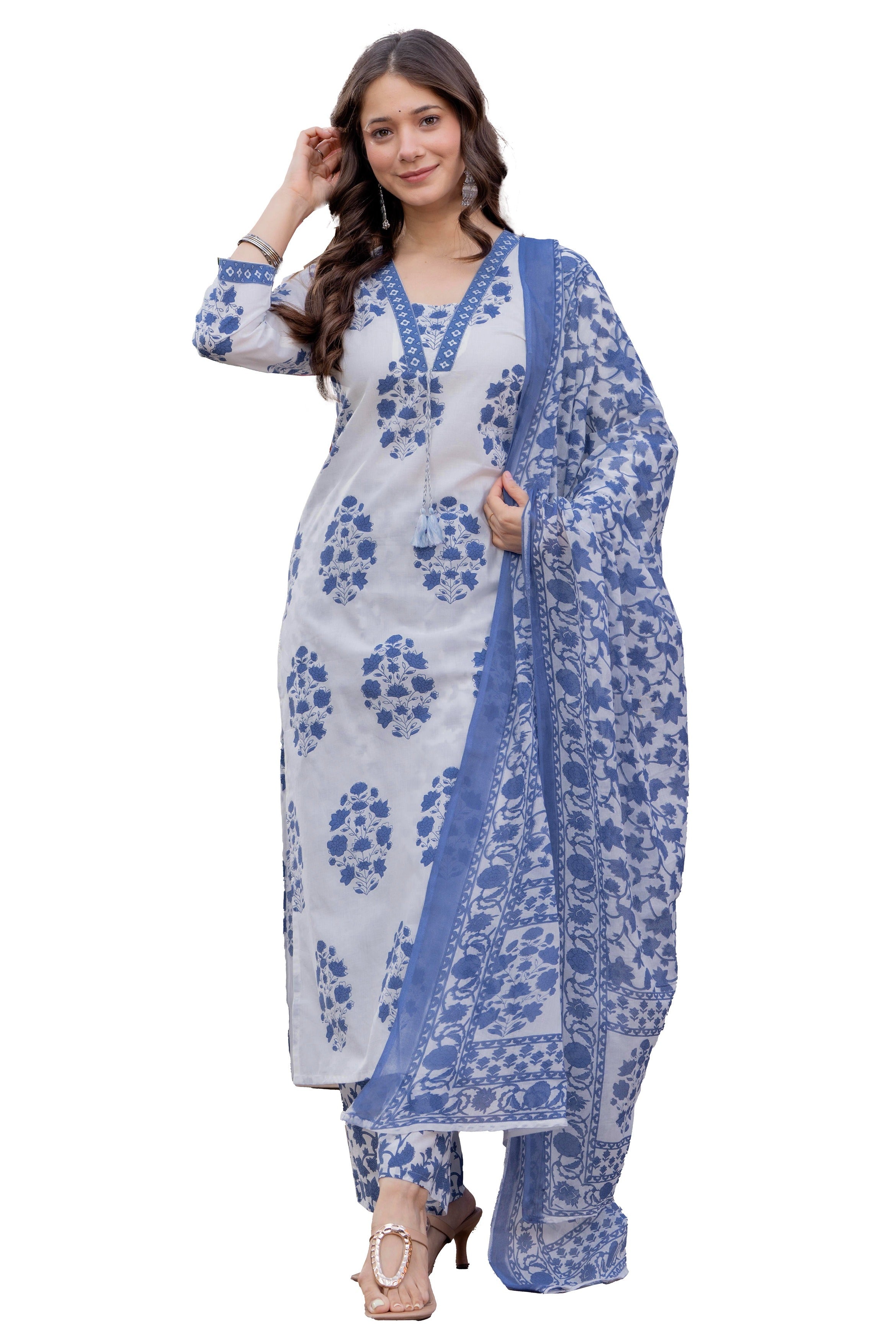 Women's Cotton Printed Straight Kurta Set with Palazzo & Dupatta (Buy 1 Get 1 Free )
