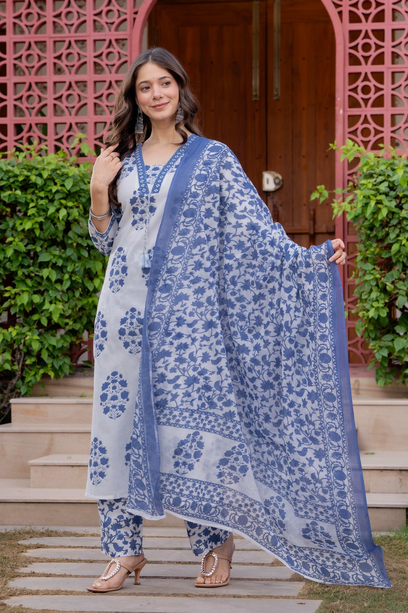 Women's Cotton Printed Straight Kurta Set with Palazzo & Dupatta (Buy 1 Get 1 Free )