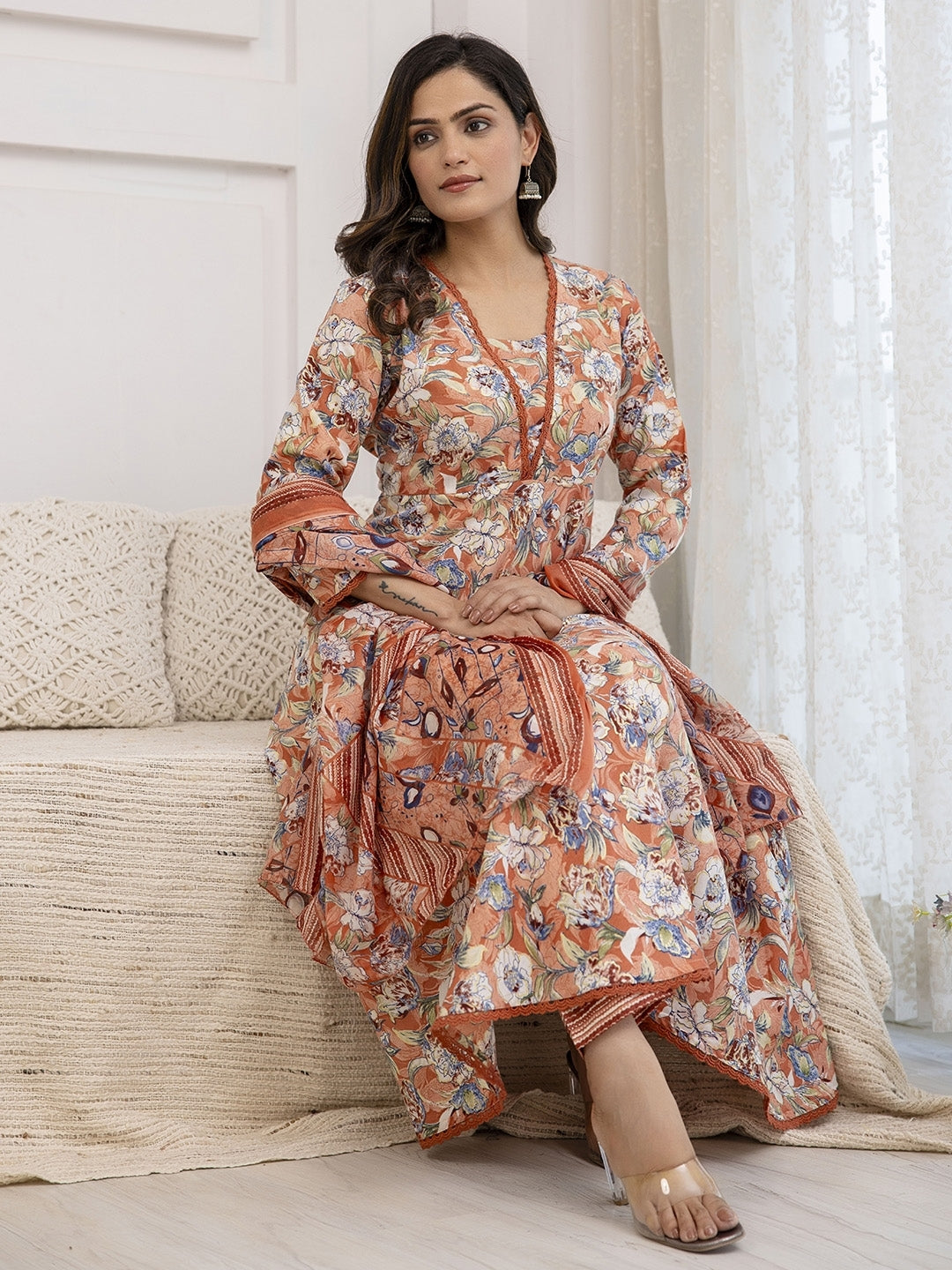 Floral Printed Square Neck Thread Work Anarkali Kurta with Trousers & Dupatta (Buy 1 Get 1 Free )