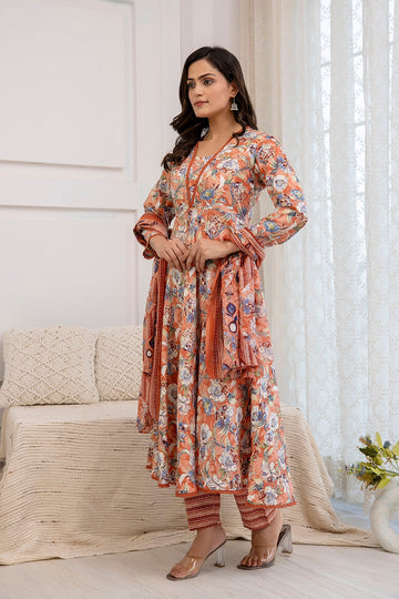 Floral Printed Square Neck Thread Work Anarkali Kurta with Trousers & Dupatta (Buy 1 Get 1 Free )