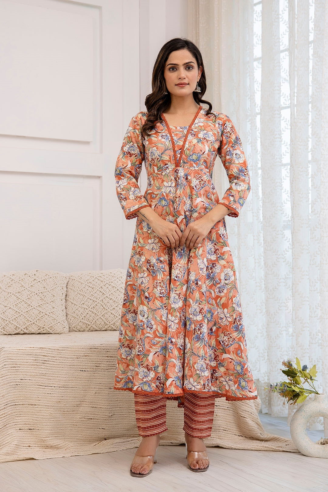 Floral Printed Square Neck Thread Work Anarkali Kurta with Trousers & Dupatta (Buy 1 Get 1 Free )