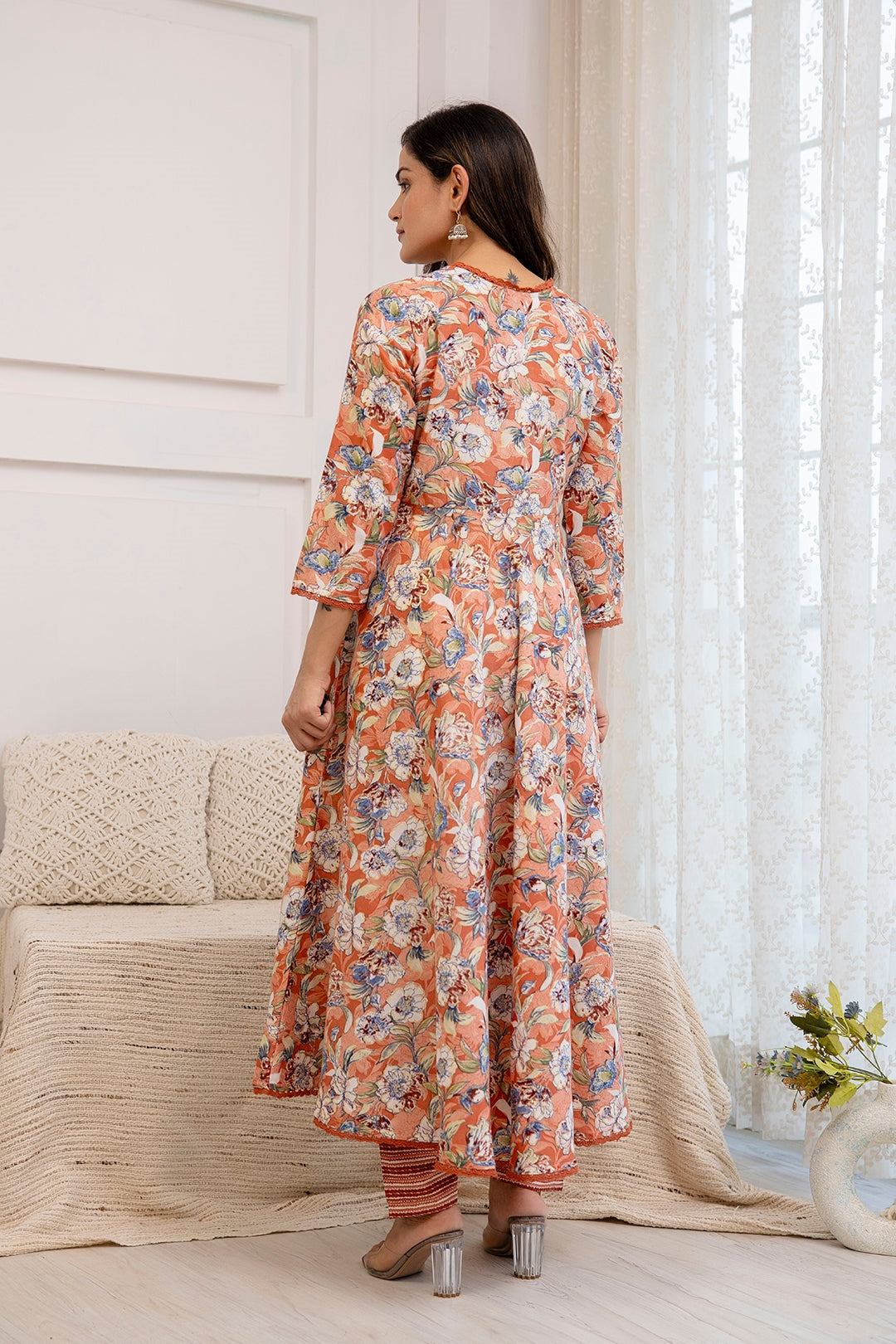 Floral Printed Square Neck Thread Work Anarkali Kurta with Trousers & Dupatta (Buy 1 Get 1 Free )