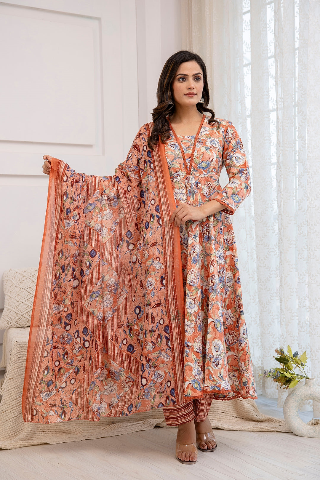 Floral Printed Square Neck Thread Work Anarkali Kurta with Trousers & Dupatta (Buy 1 Get 1 Free )