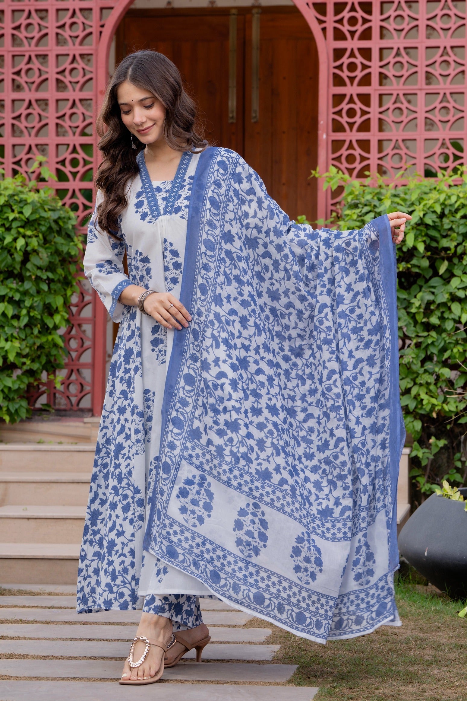 Women's Cotton Block Print Anarkali Kurta Set with Palazzo & Dupatta (Buy 1 Get 1 Free )