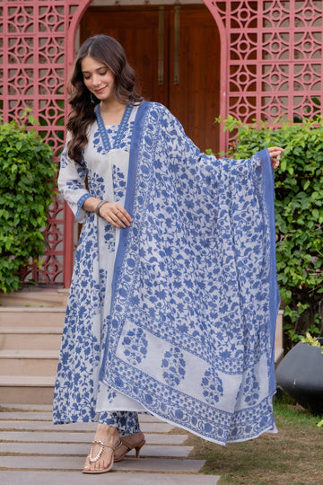 Women's Cotton Block Print Anarkali Kurta Set with Palazzo & Dupatta (Buy 1 Get 1 Free )