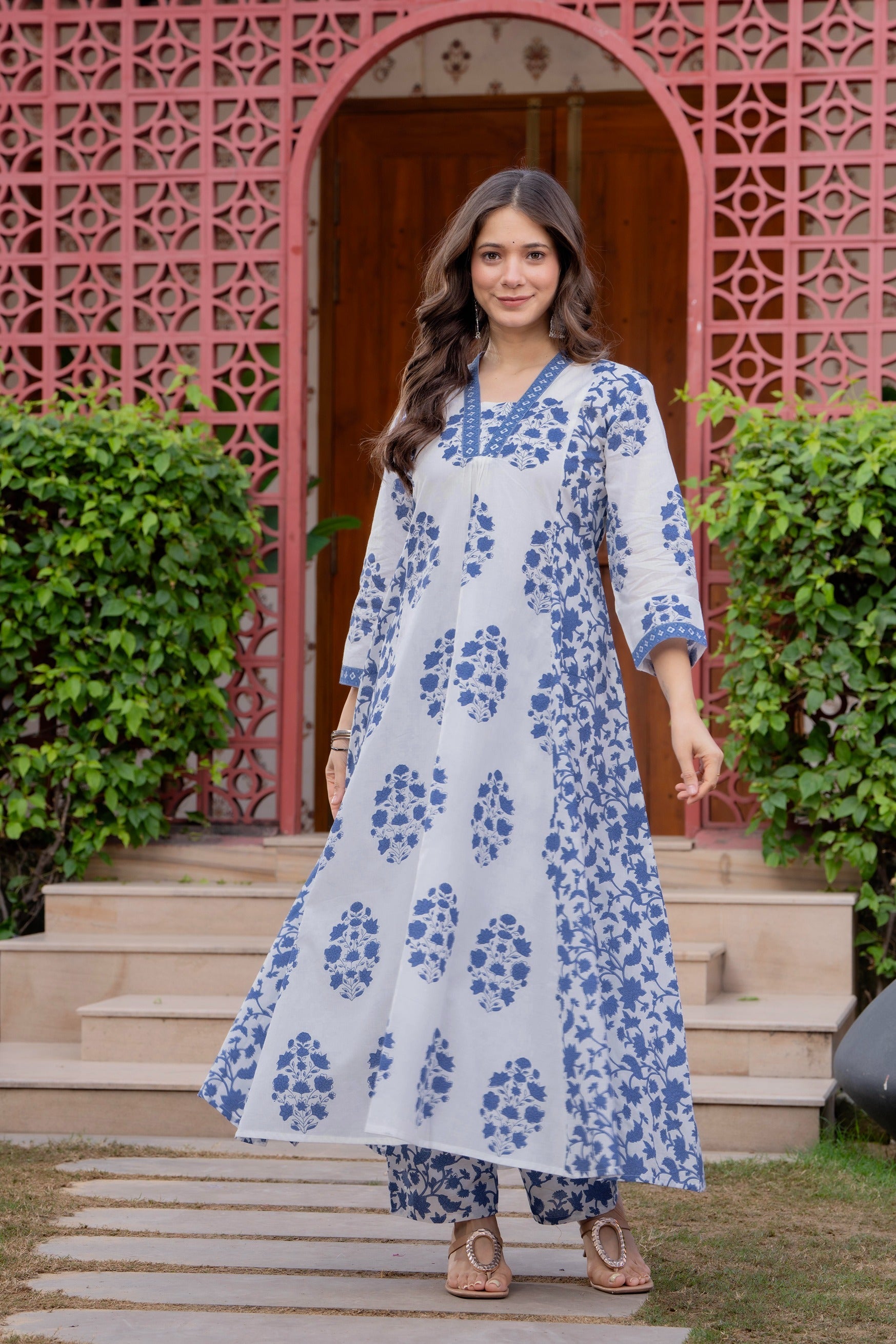 Women's Cotton Block Print Anarkali Kurta Set with Palazzo & Dupatta (Buy 1 Get 1 Free )