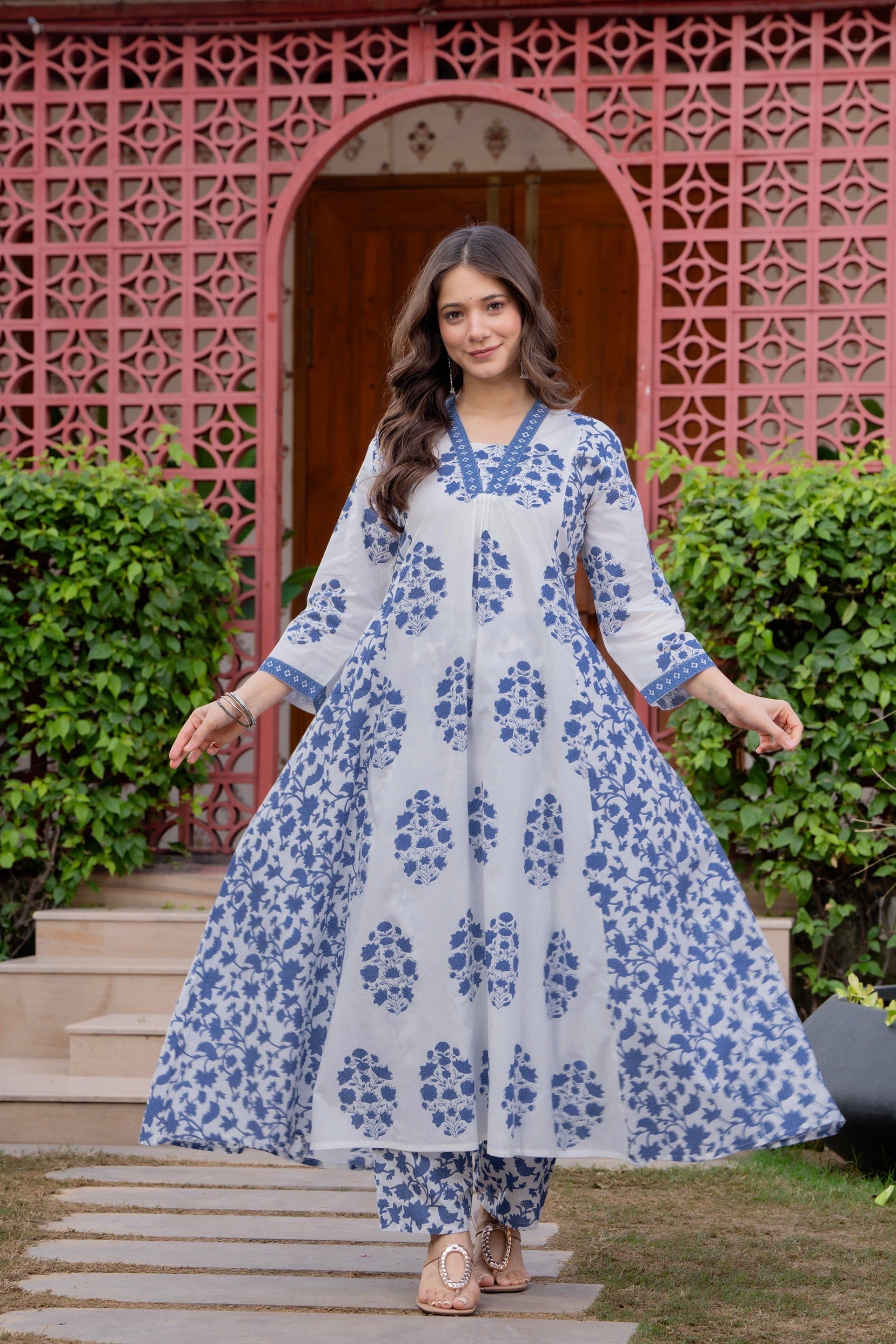 Women's Cotton Block Print Anarkali Kurta Set with Palazzo & Dupatta (Buy 1 Get 1 Free )