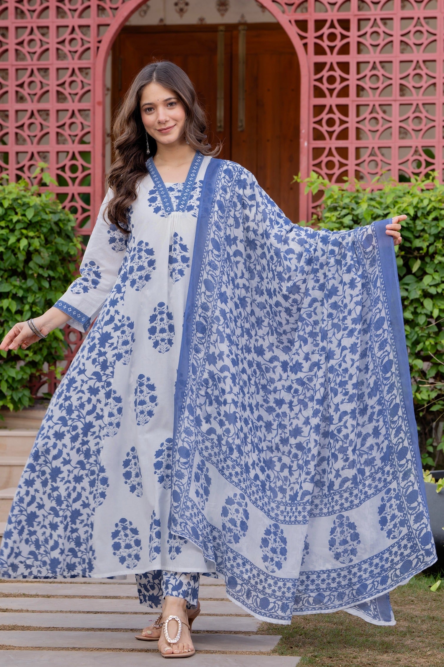Women's Cotton Block Print Anarkali Kurta Set with Palazzo & Dupatta (Buy 1 Get 1 Free )