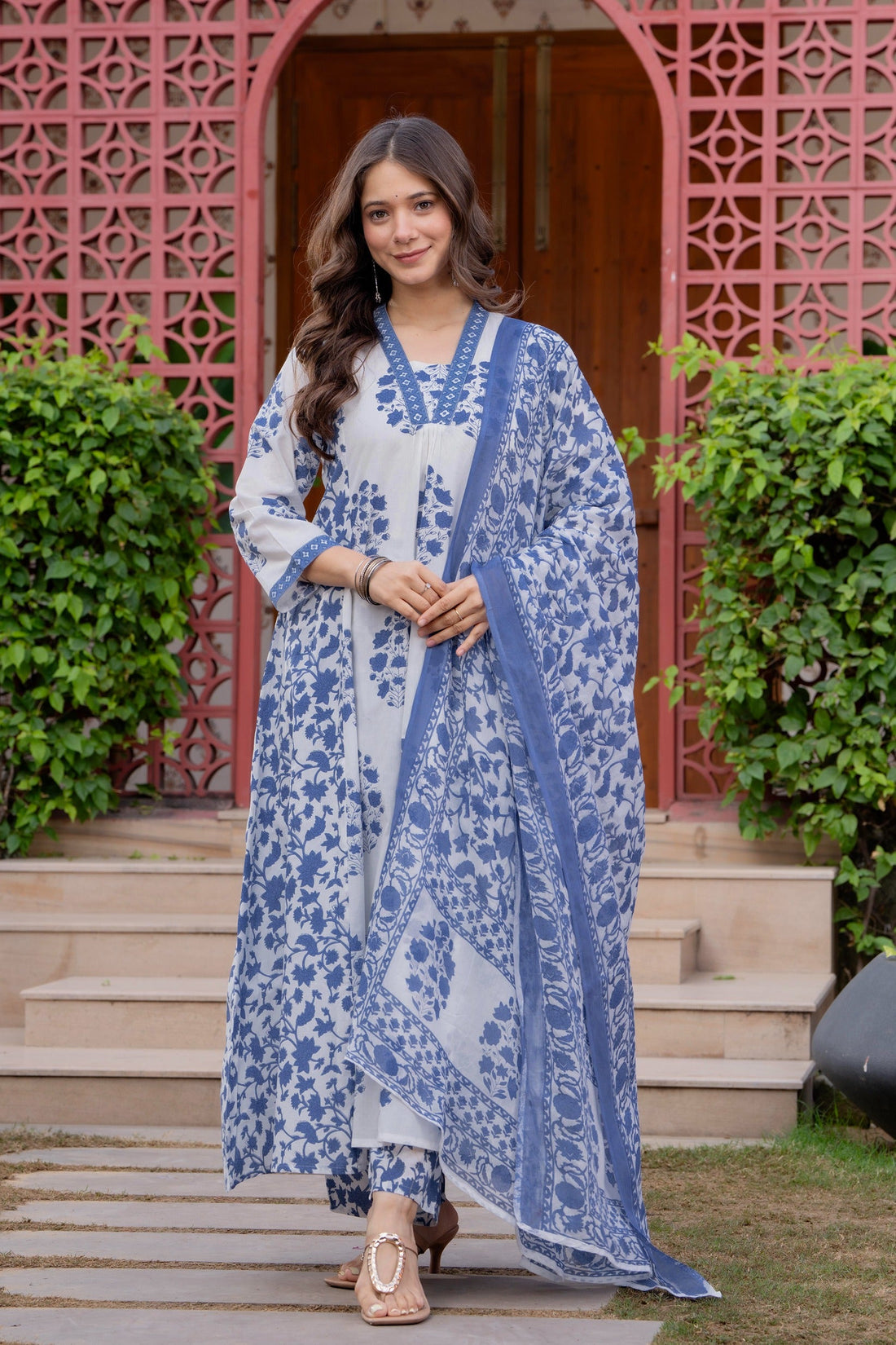 Women's Cotton Block Print Anarkali Kurta Set with Palazzo & Dupatta (Buy 1 Get 1 Free )