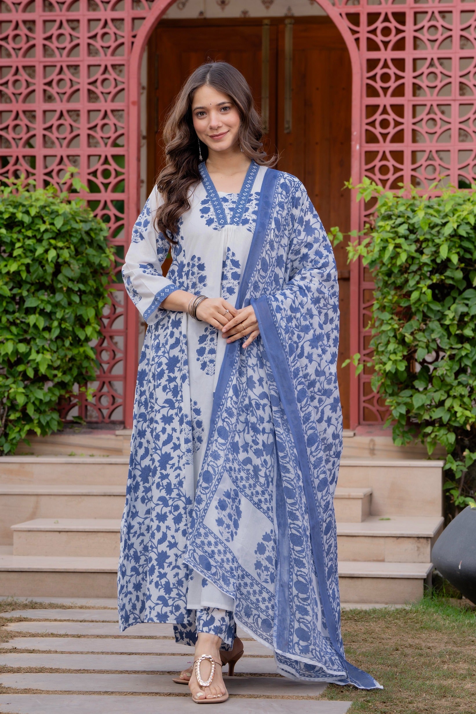 Women's Cotton Block Print Anarkali Kurta Set with Palazzo & Dupatta (Buy 1 Get 1 Free )
