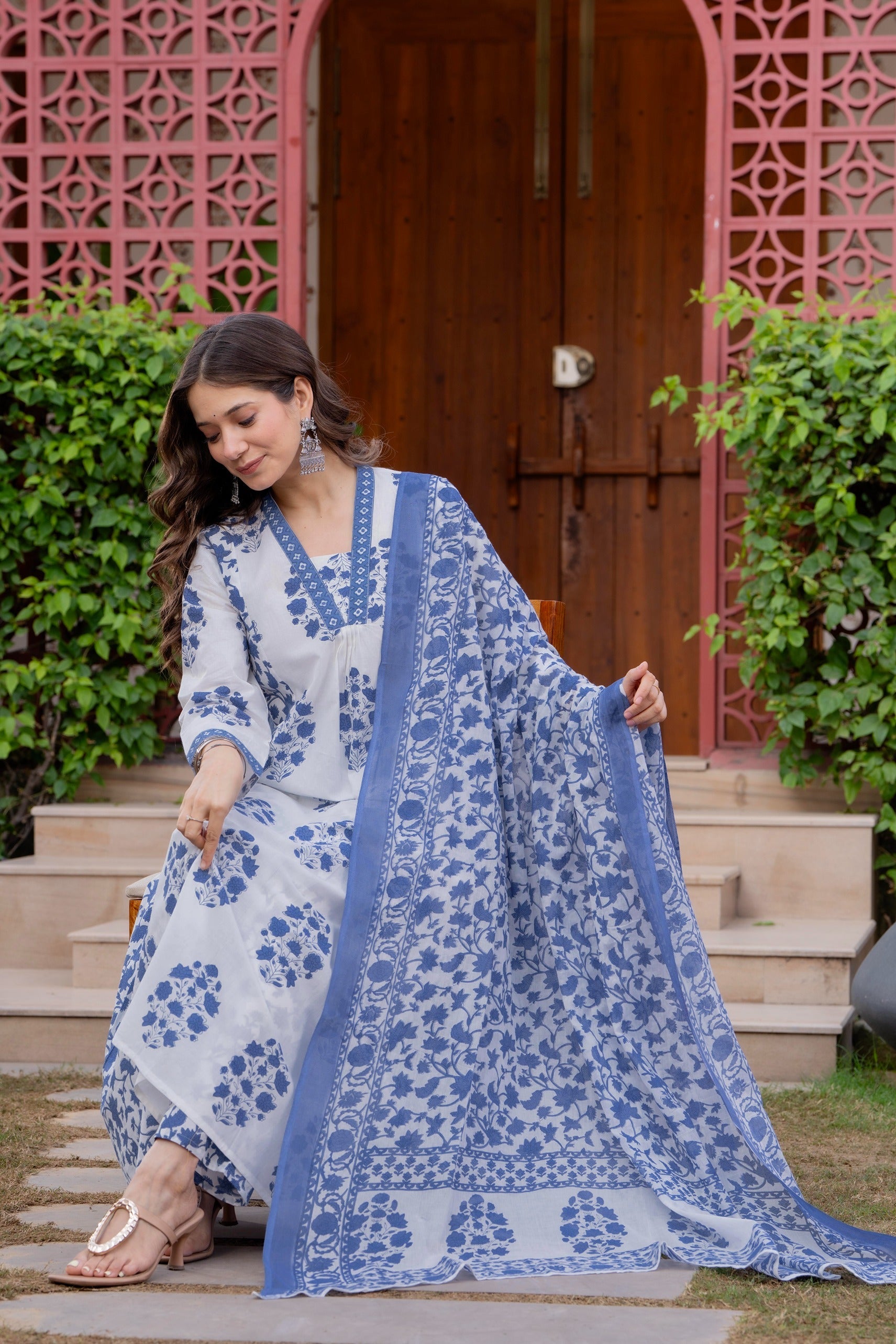 Women's Cotton Block Print Anarkali Kurta Set with Palazzo & Dupatta (Buy 1 Get 1 Free )