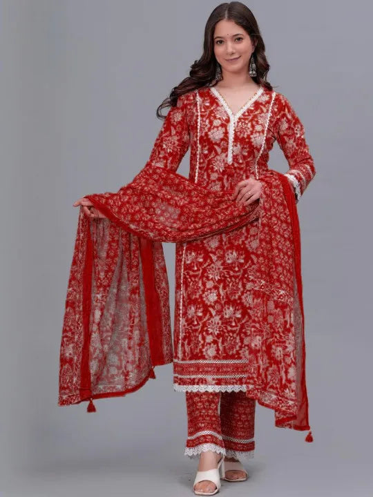 Floral Printed Regular Pure Cotton Kurta With Trousers & Dupatta  (Buy 1 Get 1 Free )