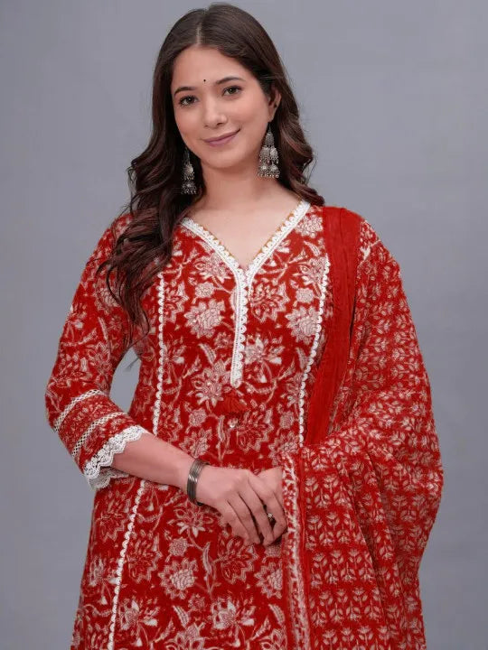 Floral Printed Regular Pure Cotton Kurta With Trousers & Dupatta  (Buy 1 Get 1 Free )