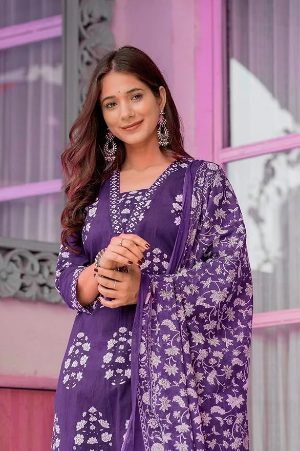 Women's Pure Cotton Printed Straight Kurta Set with Palazzo Pants & Dupatta