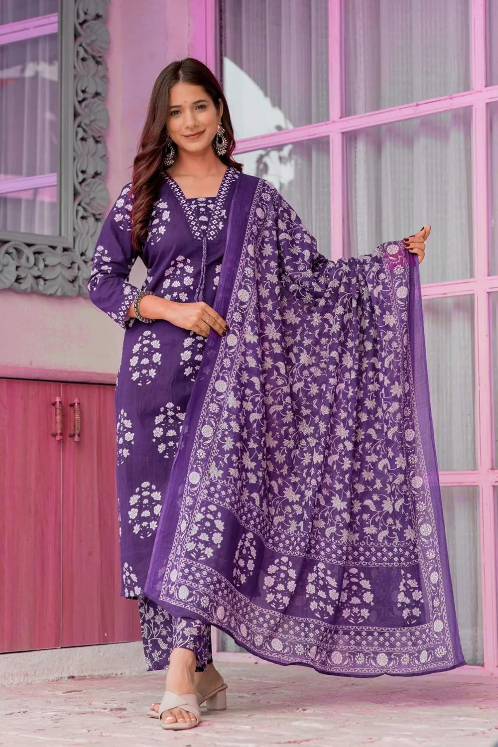 Women's Pure Cotton Printed Straight Kurta Set with Palazzo Pants & Dupatta