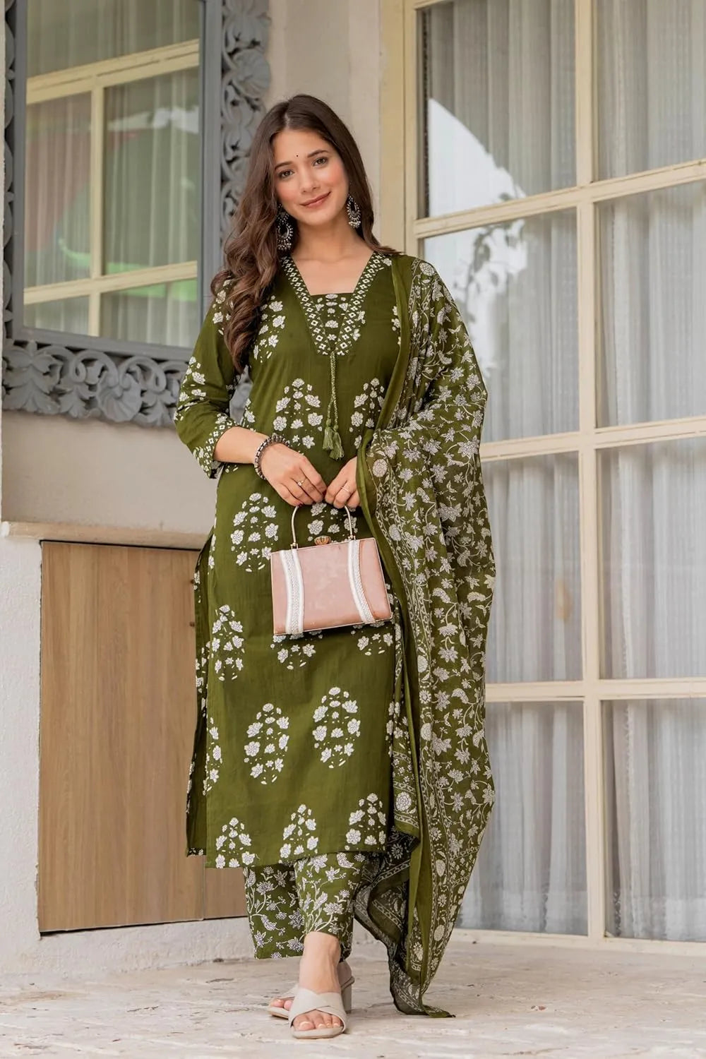 Women's Pure Cotton Printed Straight Kurta Set with Palazzo Pants & Dupatta