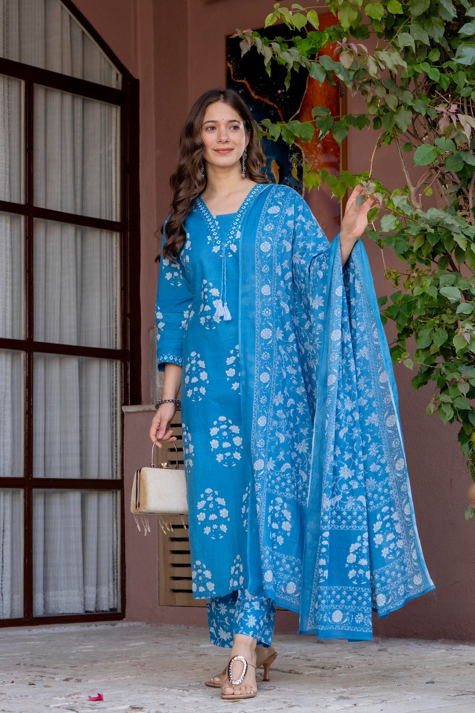 Women's Pure Cotton Printed Straight Kurta Set with Palazzo Pants & Dupatta