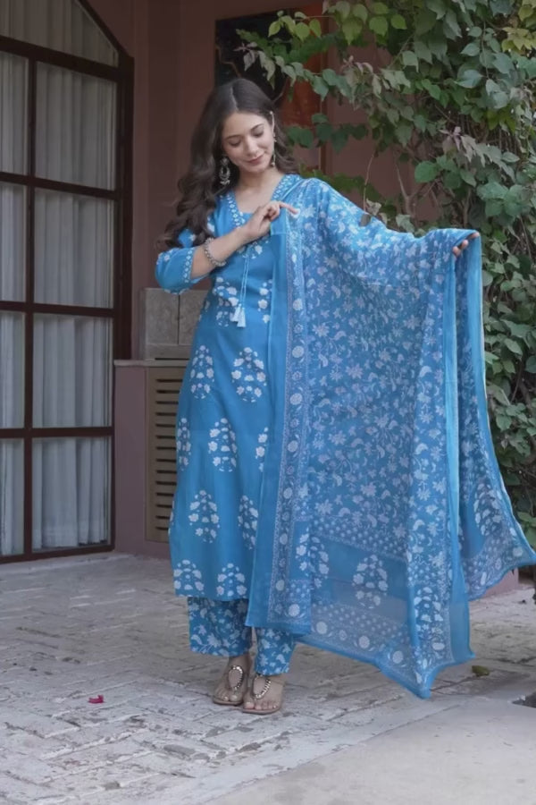 Women's Pure Cotton Printed Straight Kurta Set with Palazzo Pants & Dupatta