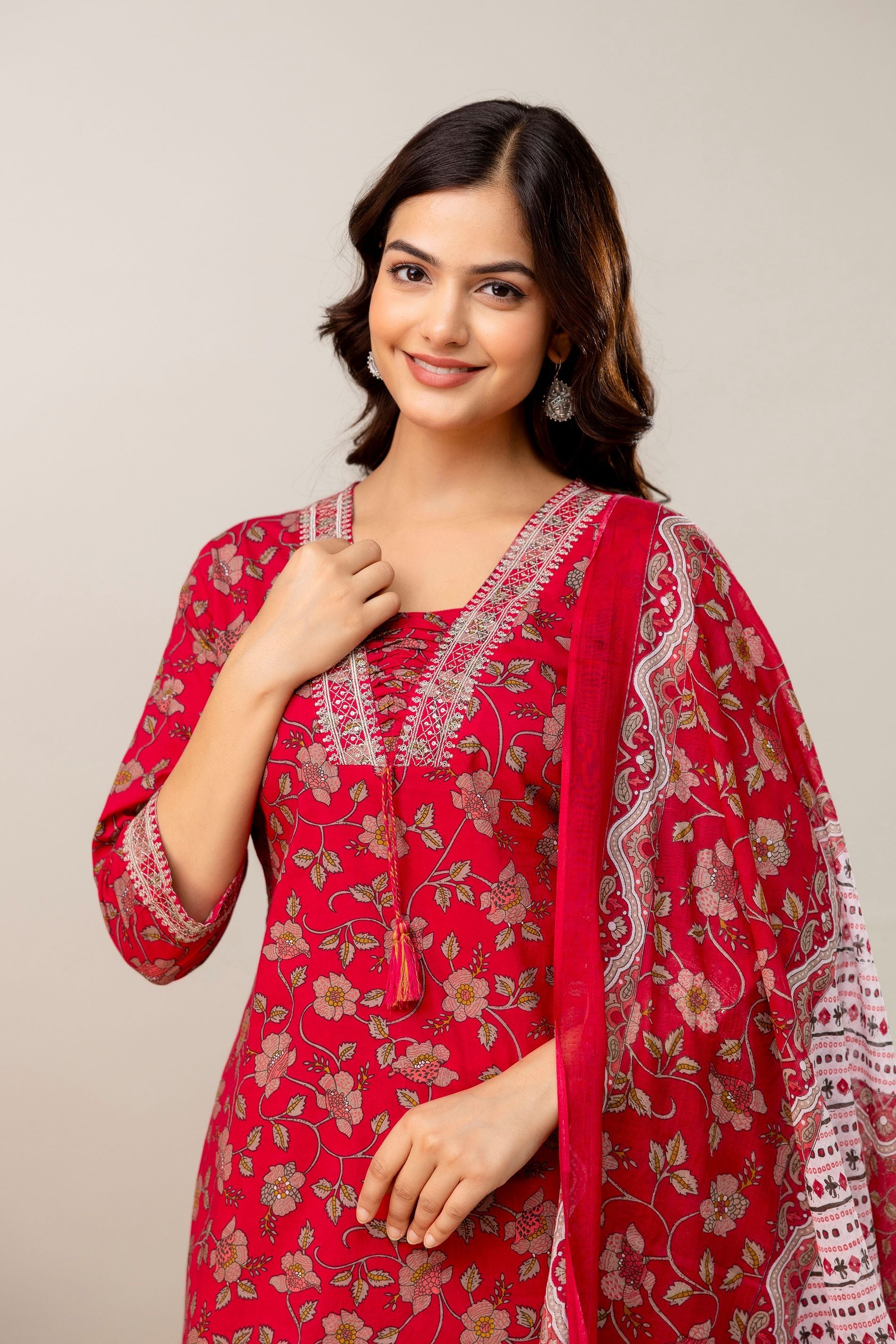 Floral Printed Sequunied V-Neck Pure Cotton Straight Kurta With Trousers & Dupatta