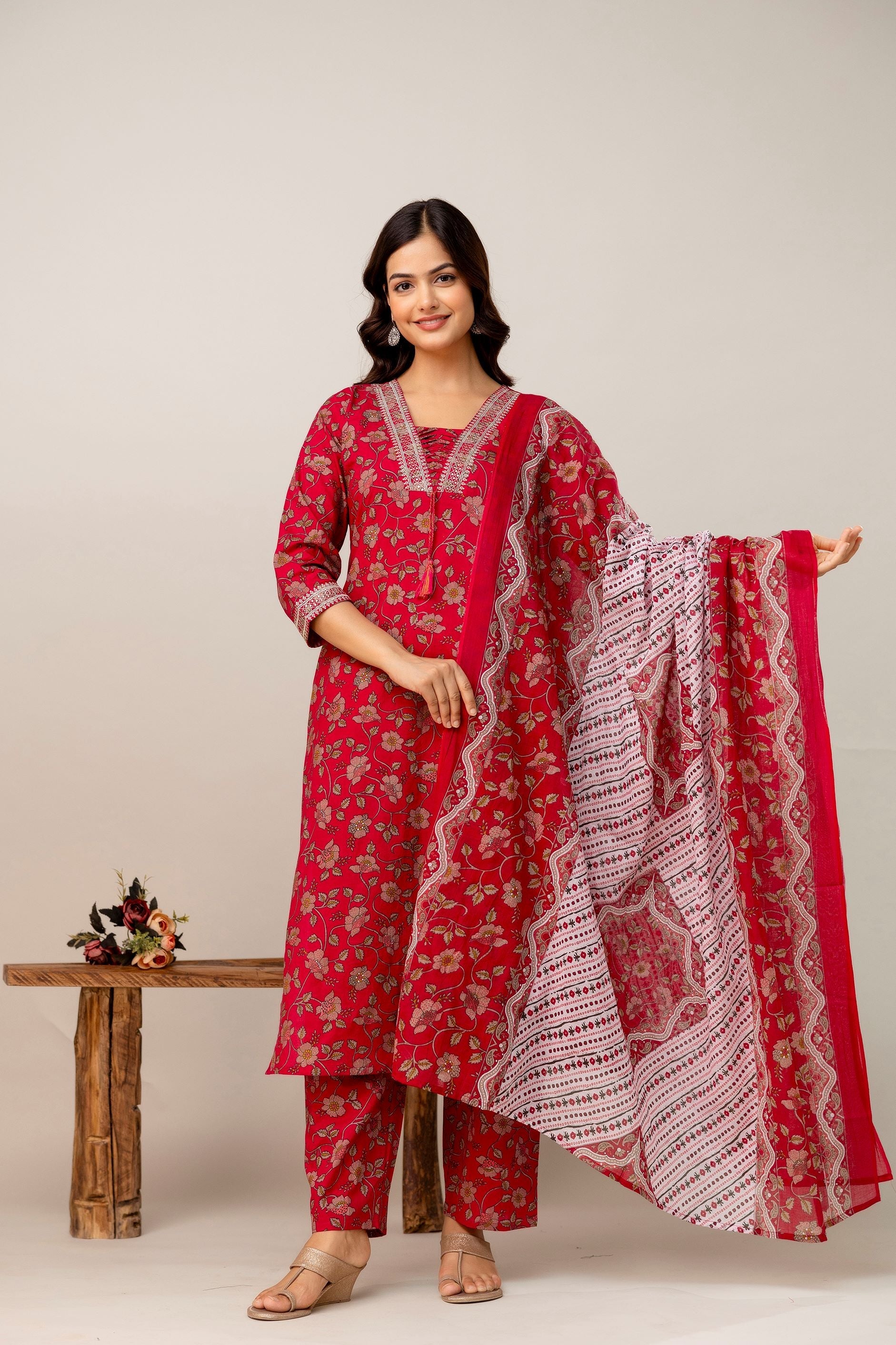 Floral Printed Sequunied V-Neck Pure Cotton Straight Kurta With Trousers & Dupatta