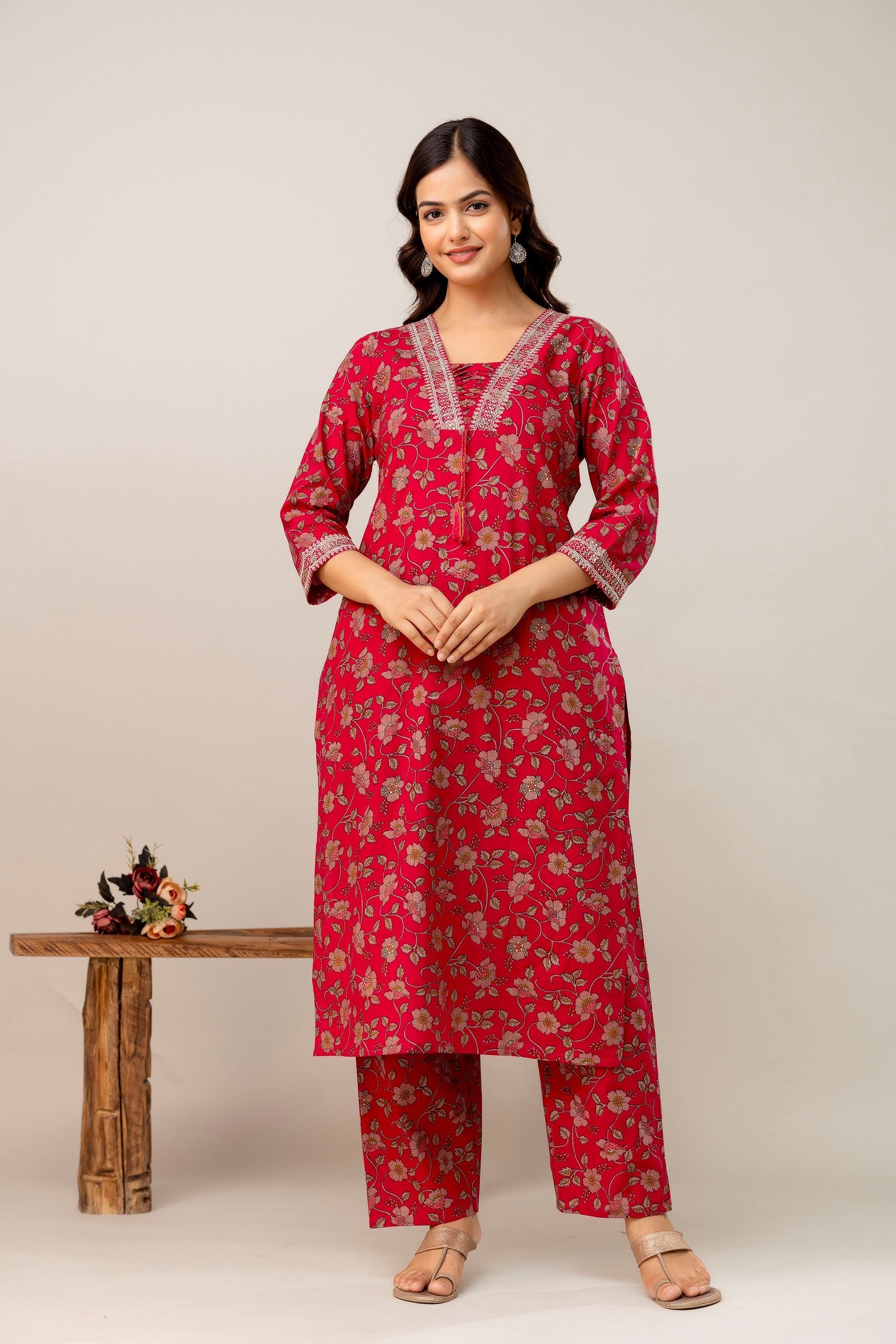 Floral Printed Sequunied V-Neck Pure Cotton Straight Kurta With Trousers & Dupatta