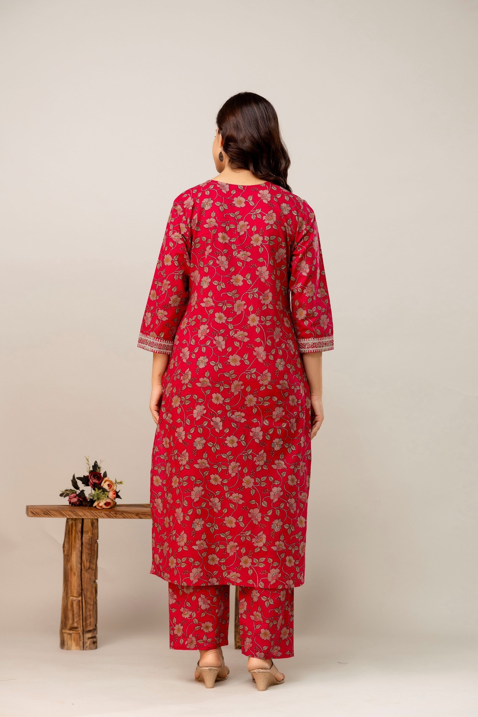Floral Printed Sequunied V-Neck Pure Cotton Straight Kurta With Trousers & Dupatta