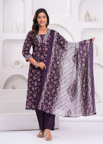 Floral Printed Sequunied V-Neck Pure Cotton Straight Kurta With Trousers & Dupatta Buy 1 Get 1 Free