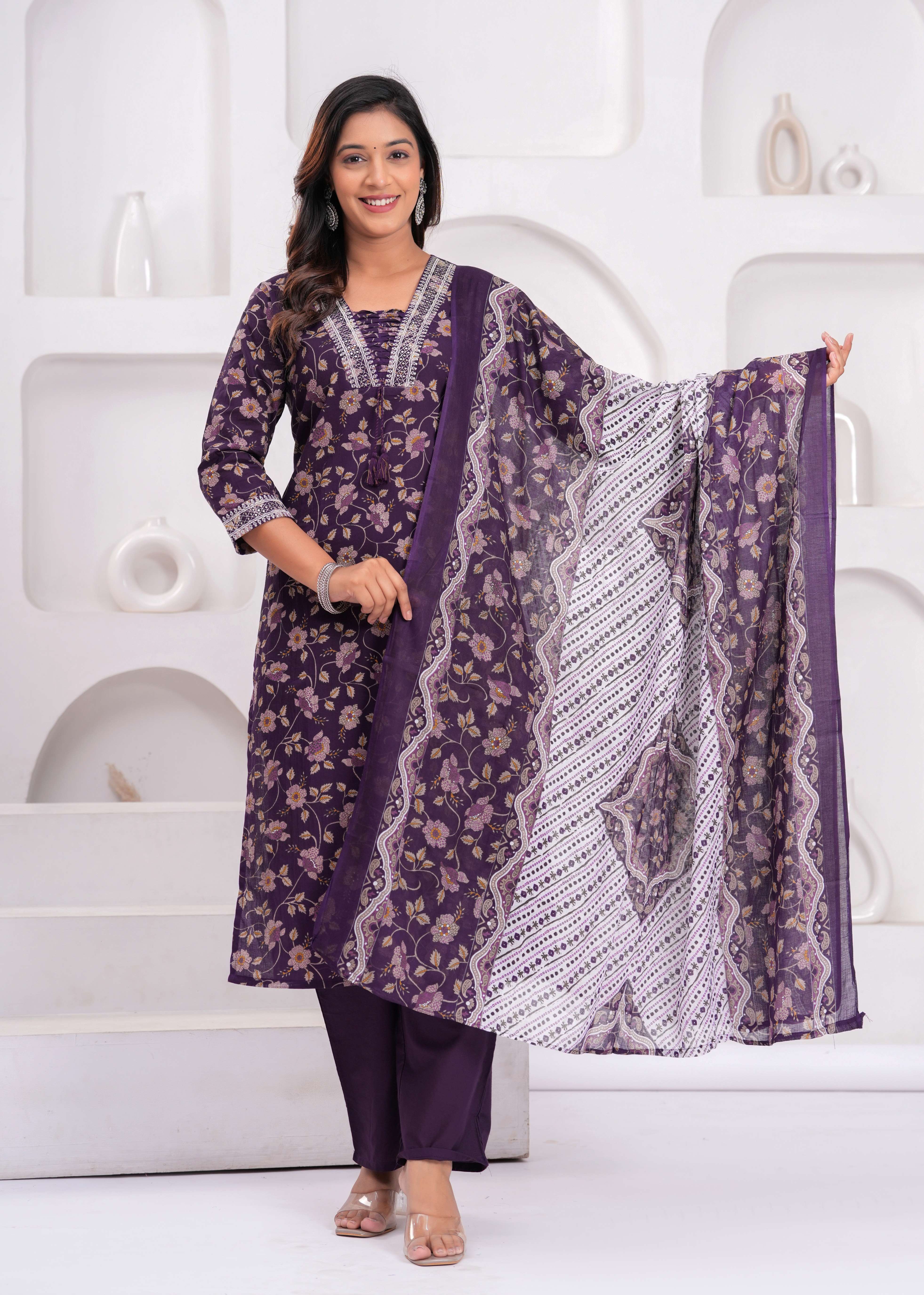 Floral Printed Sequunied V-Neck Pure Cotton Straight Kurta With Trousers & Dupatta Buy 1 Get 1 Free
