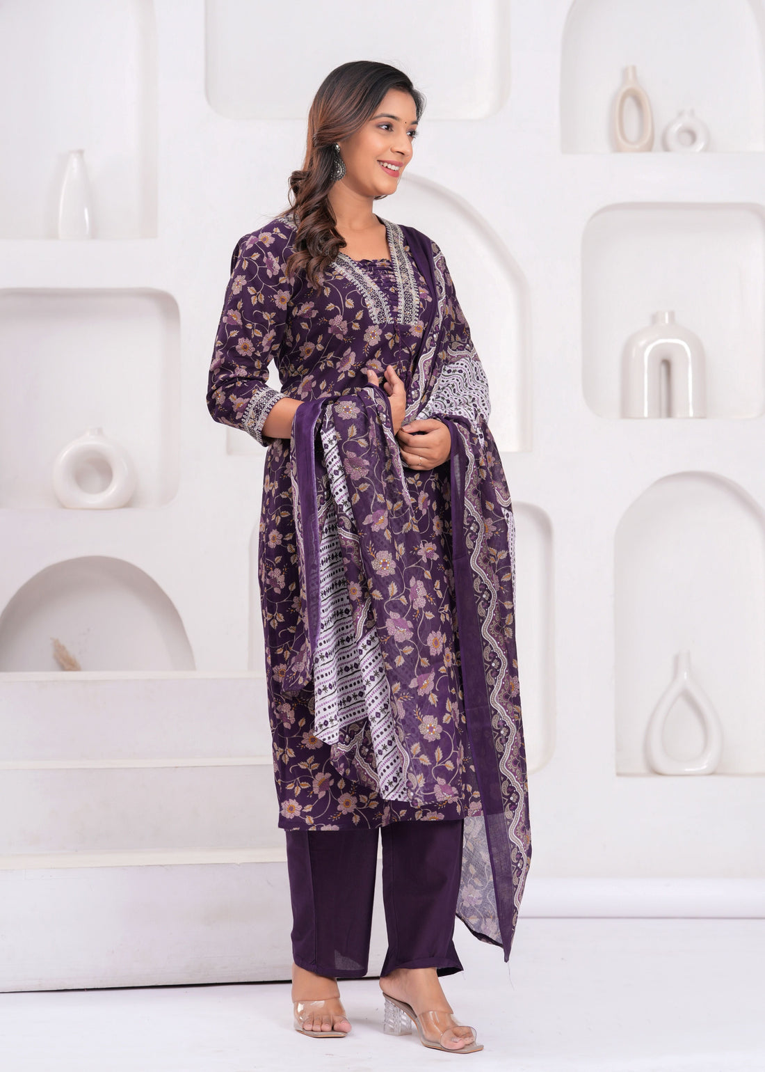 Floral Printed Sequunied V-Neck Pure Cotton Straight Kurta With Trousers & Dupatta Buy 1 Get 1 Free