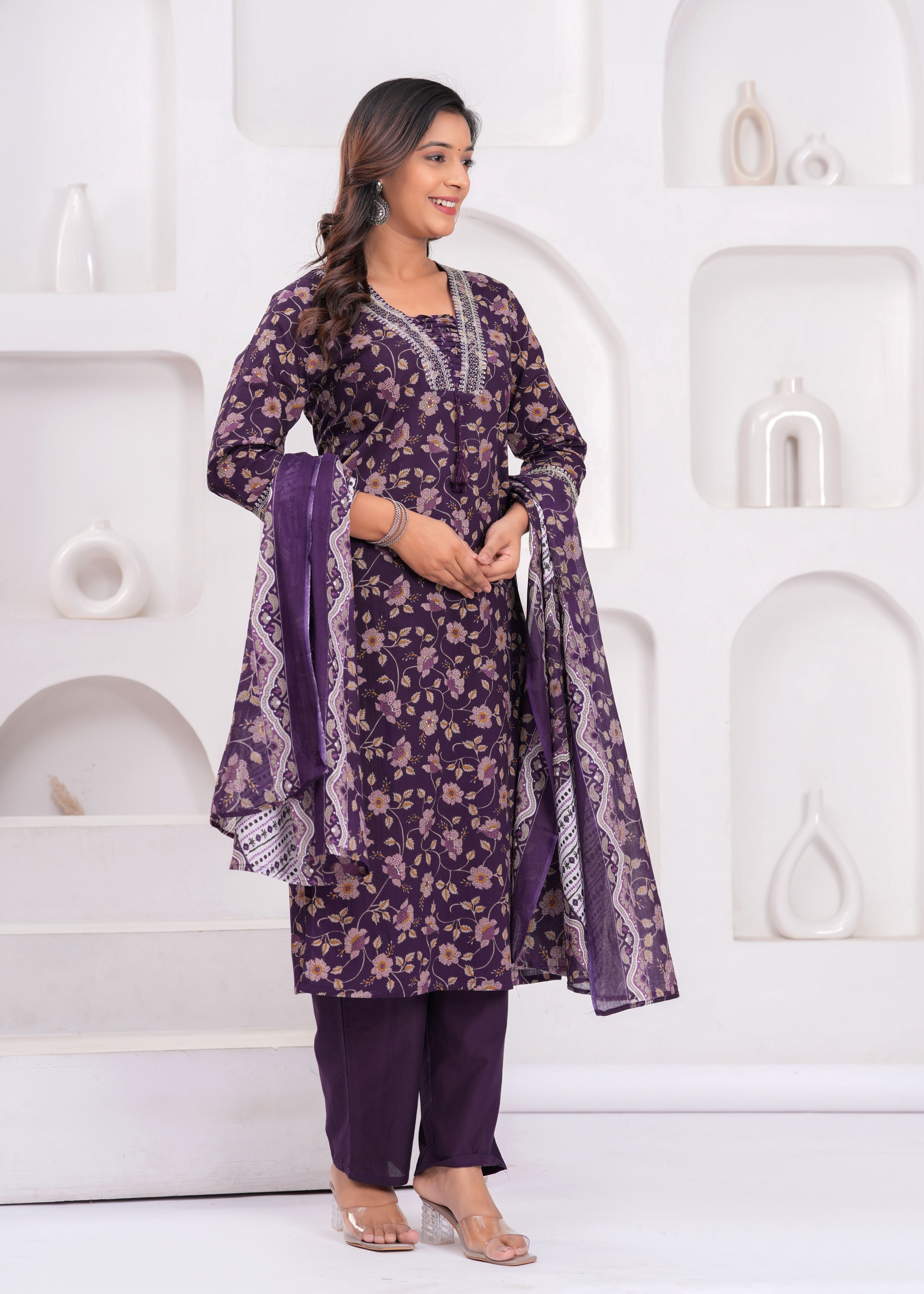 Floral Printed Sequunied V-Neck Pure Cotton Straight Kurta With Trousers & Dupatta Buy 1 Get 1 Free