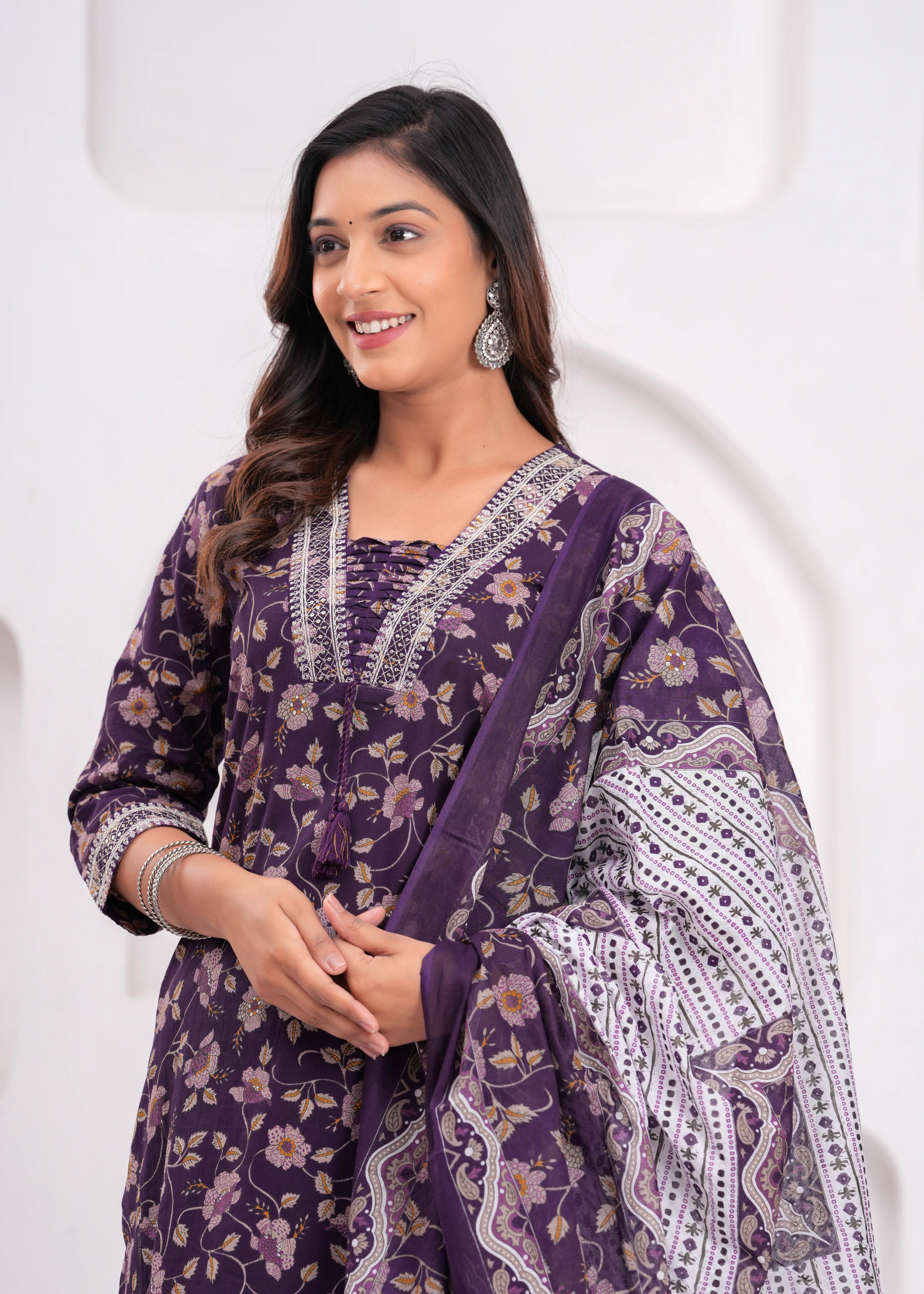 Floral Printed Sequunied V-Neck Pure Cotton Straight Kurta With Trousers & Dupatta Buy 1 Get 1 Free