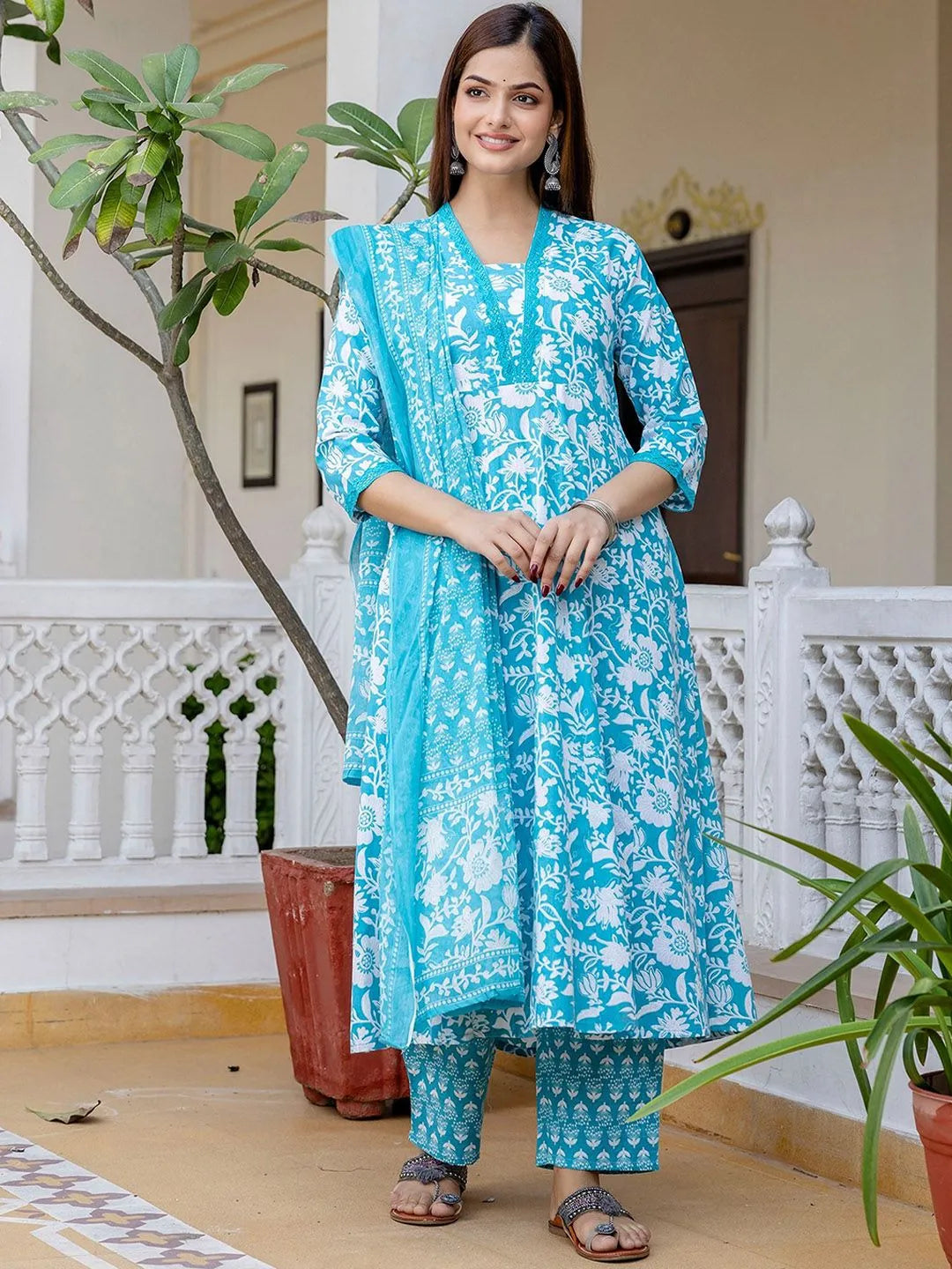 Elegant Floral Cotton Anarkali Suit Set with Dupatta