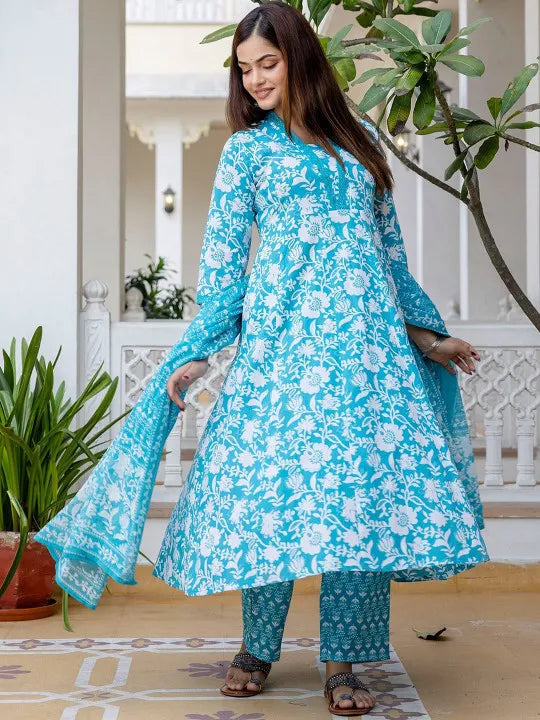 Elegant Floral Cotton Anarkali Suit Set with Dupatta