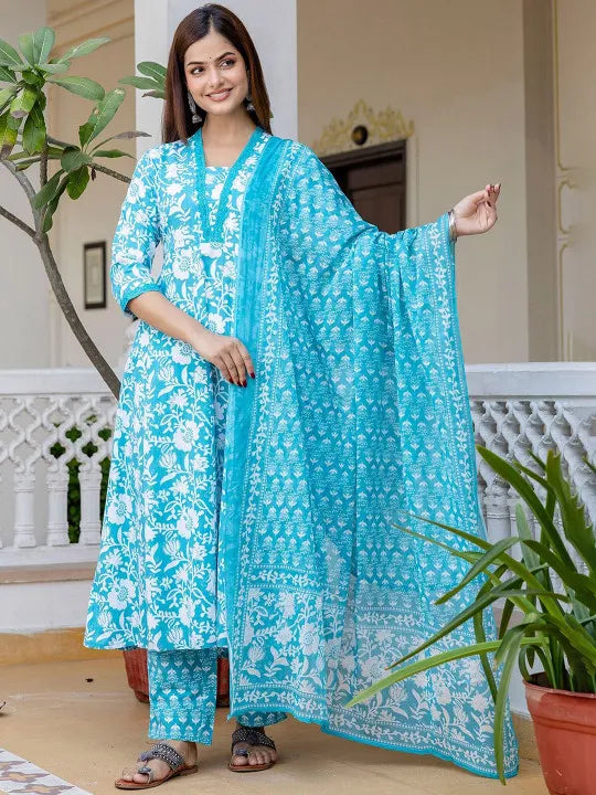 Elegant Floral Cotton Anarkali Suit Set with Dupatta