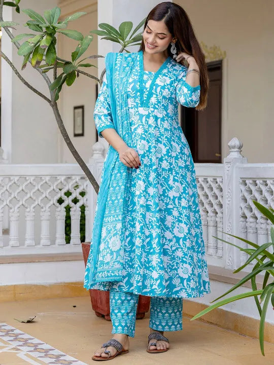 Elegant Floral Cotton Anarkali Suit Set with Dupatta