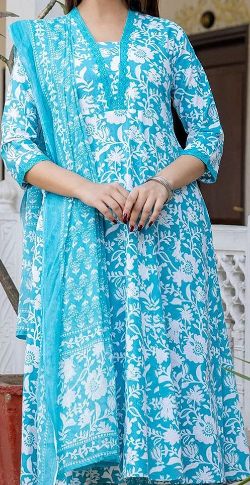 Elegant Floral Cotton Anarkali Suit Set with Dupatta