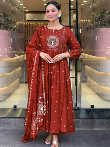 Women Ethnic Motifs Printed Panelled Thread Work Pure Cotton Kurta with Trousers &
