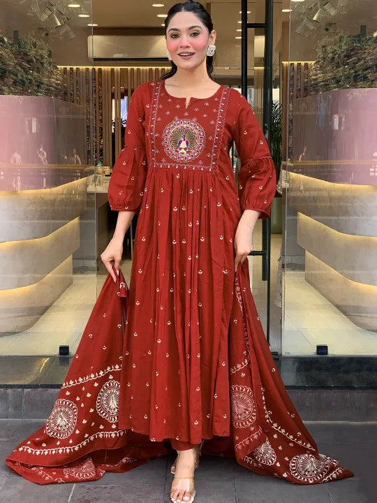 Women Ethnic Motifs Printed Panelled Thread Work Pure Cotton Kurta with Trousers &