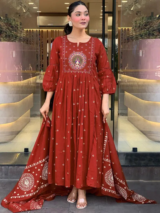 Women Ethnic Motifs Printed Panelled Thread Work Pure Cotton Kurta with Trousers &