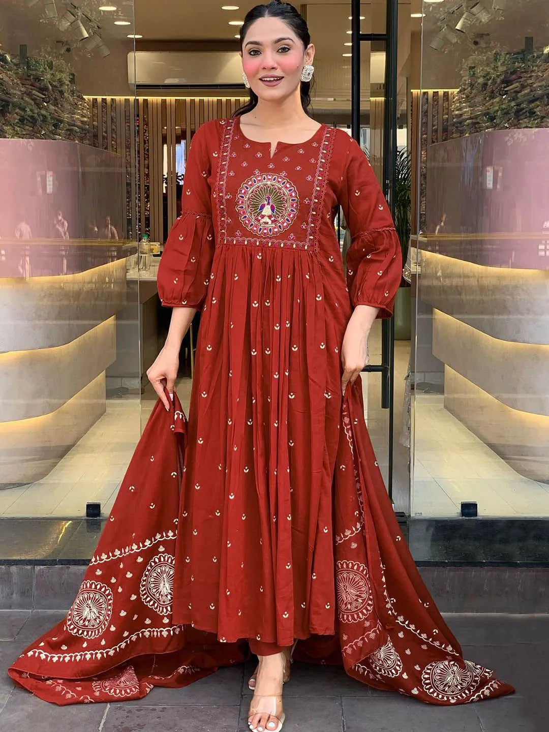 Women Ethnic Motifs Printed Panelled Thread Work Pure Cotton Kurta with Trousers &