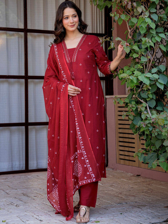 Women's Pure Cotton Printed Straight Kurta Set with Palazzo Pants & Dupatta- Ethnic Wear