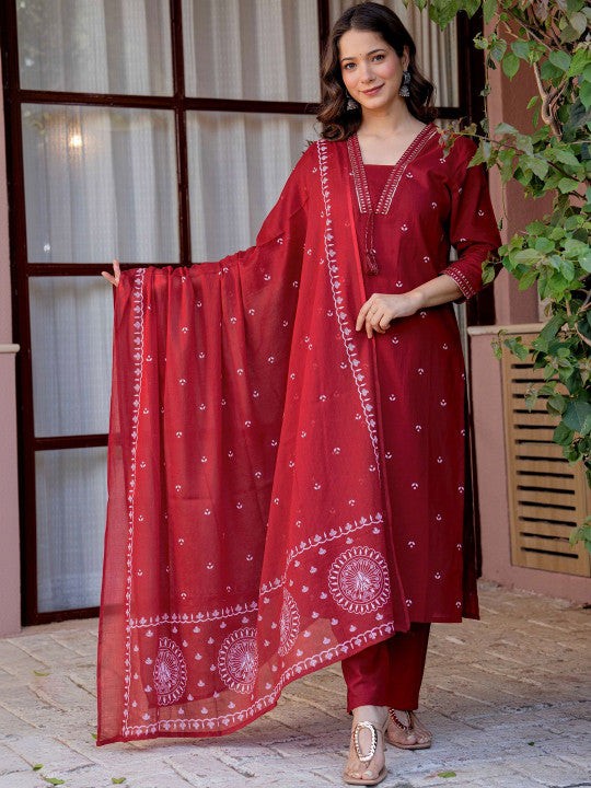 Women's Pure Cotton Printed Straight Kurta Set with Palazzo Pants & Dupatta- Ethnic Wear