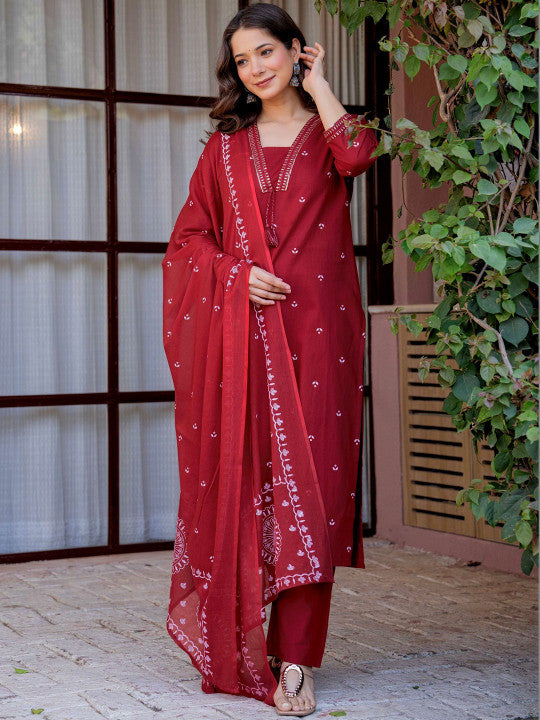 Women's Pure Cotton Printed Straight Kurta Set with Palazzo Pants & Dupatta- Ethnic Wear
